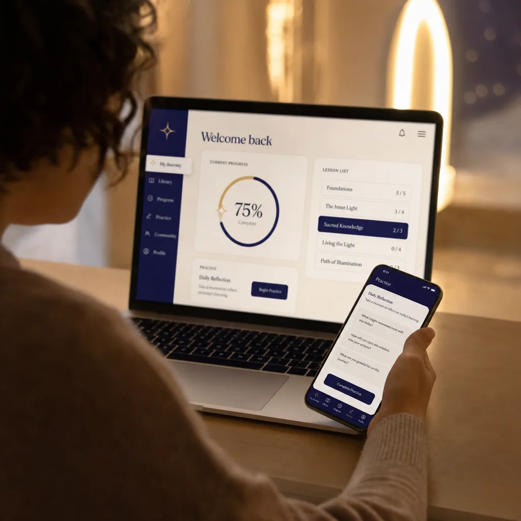 Inside the program: course dashboard with modules, lessons and reference guides